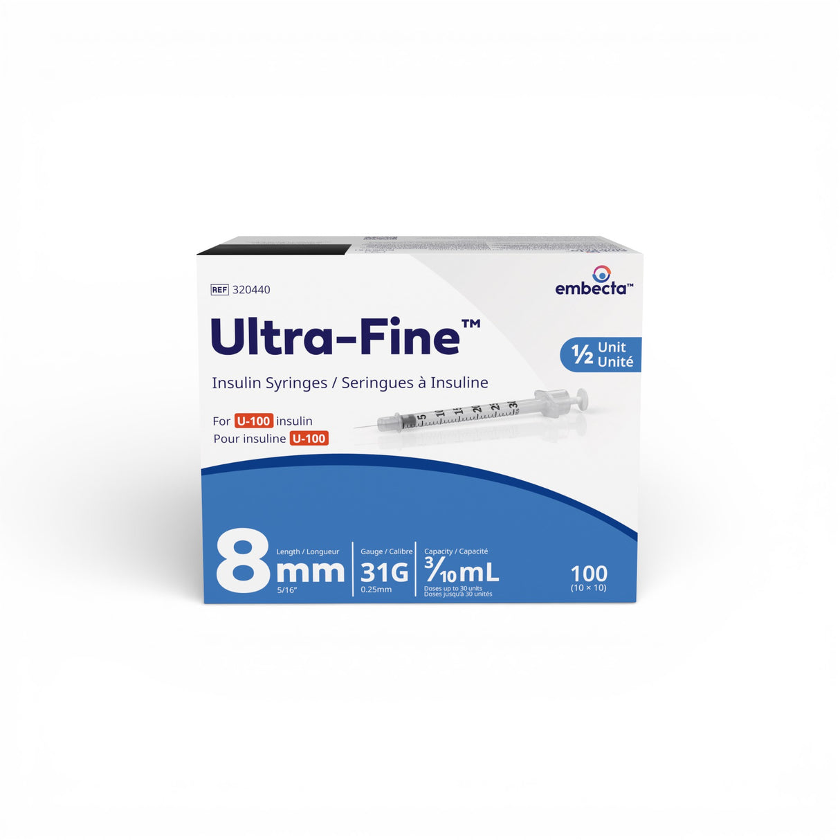 Ultra-Fine™ Insulin Syringes U-100 8mm 31G 0.3mL ½ unit 100ct