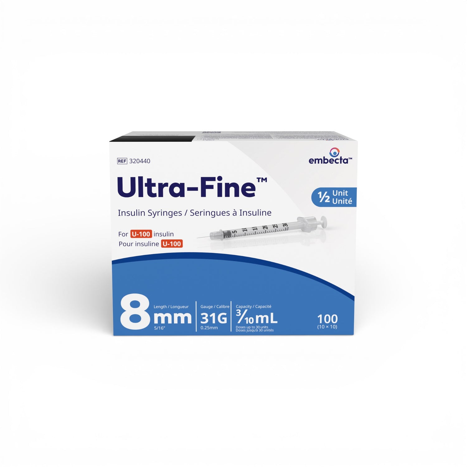 Ultra-Fine™ Insulin Syringes U-100 8mm 31G 0.3mL ½ unit 100ct