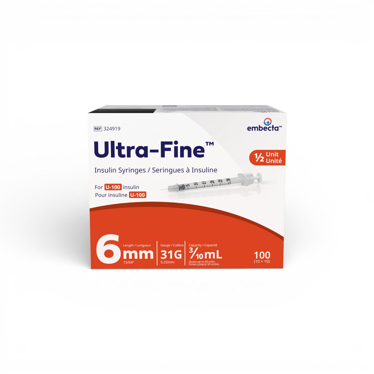 Ultra-Fine™ Insulin Syringes U-100 6mm 31G 0.3mL ½ unit 100ct - Limit 1 per order
